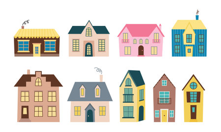 Colored tiny houses vector set in Scandinavian styleのイラスト素材