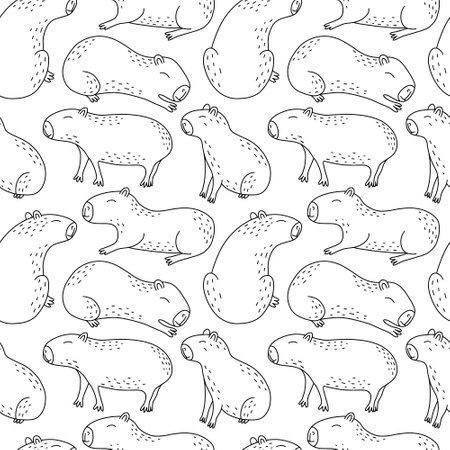 Cute capybara seamless pattern. Vector hand drawn capybaras pattern on white backgroundのイラスト素材