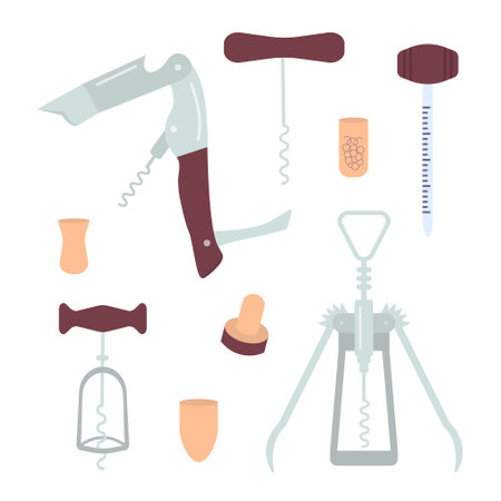 Different corkscrews, corks and wine openers vector setのイラスト素材
