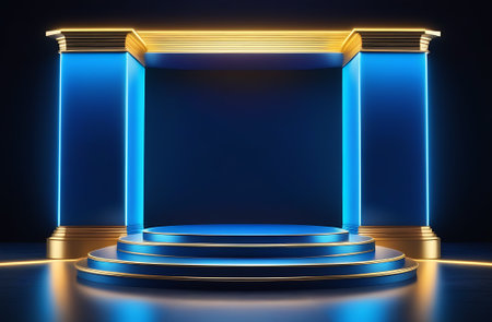 Empty podium on blue background with lightの素材