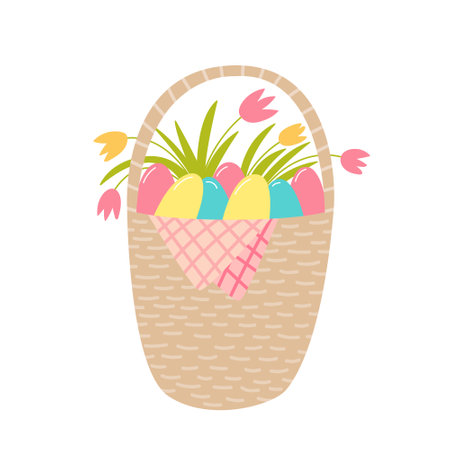 Cute spring basket with eggs and field flowers vector flat illustration. Easter basket symbolのイラスト素材