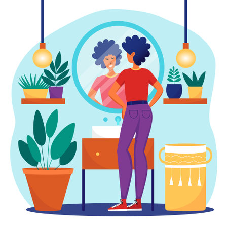 Young woman standing in front of a mirror in cozy bathroom vector flat illustration. Daily morning routine lifestyle vector illustrationのイラスト素材