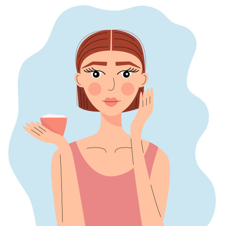 Flat woman smiling character with cream jar. Vector beauty care concept illustration.のイラスト素材