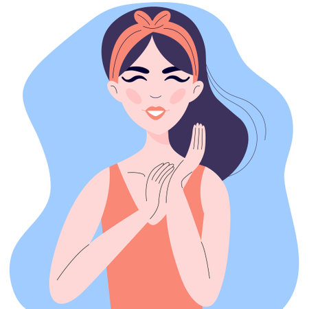 Flat illustration character of happy woman smile and closed eyes. Self care vector illustrationのイラスト素材
