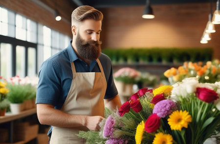 bearded man florist making a bouquet in a flower shopの素材