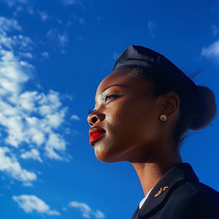 Dark-skinned stewardess looks into the distance against the skyの素材