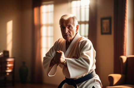 Elderly man doing karate in the fitness roomの素材