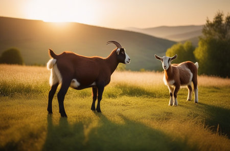 Goats in fields landscape. Photo of goats in beautiful landscapeの素材