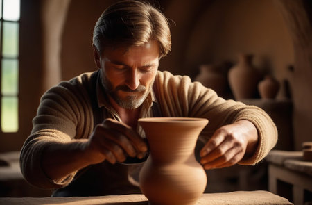 Potter makes a vase from clay in the studioの素材