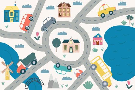 Cute childrens road map flat style vector background. Flat road map with transport, cars, bus, houses, mountains and treesのイラスト素材