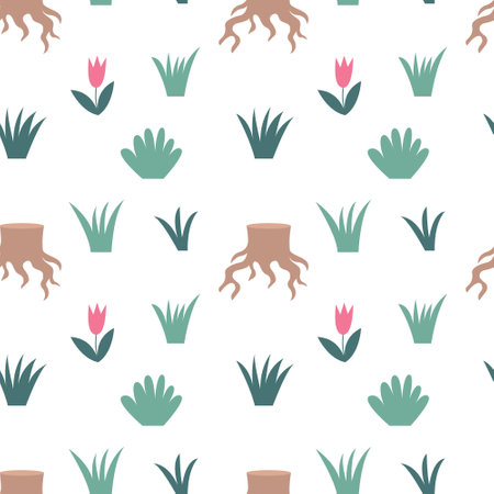 Vector plants and stump flat seamless patternのイラスト素材