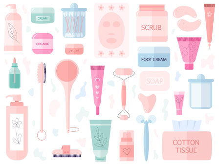 Flat style cosmetic beauty products in bottles and jars set. Set of cream, soap, skin brush, lotion, shower gel and face foam. Beauty items flat vector illustrations isolated on white backgroundのイラスト素材