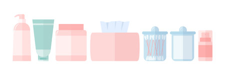Set of beauty and spa items. Box tissue, tips in glass, cream jars and skin organic cream bottle vector setのイラスト素材
