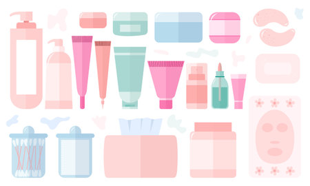 Vector set of skincare products organic cosmetics flat style. Set of beauty products cosmetic tubes, jars and bottles.のイラスト素材
