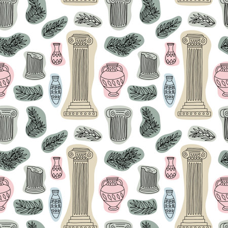 Marble ancient columns seamless pattern. Vector pattern with Greek statues and vasesのイラスト素材
