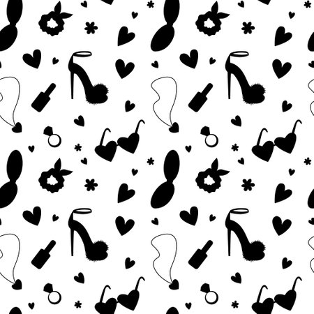 Retro 90s elements in black silhouettes seamless pattern. Vector barbiecore black silhouette patternのイラスト素材