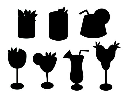 Vector set of tropical cocktails silhouettes. Summer alcoholic beach party drinks vector set. Mojito, strawberry margarita, daiquiri and  pina coladaのイラスト素材