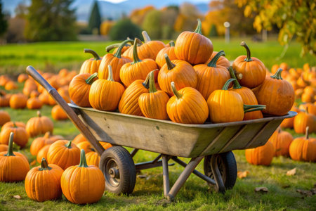 Wheelbarrow with pumpkins on an autumn landscapeの素材