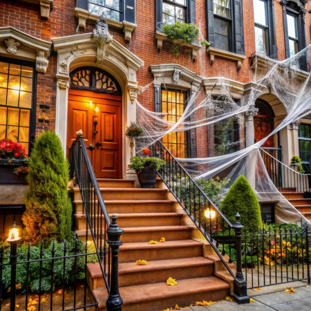 Townhouse with scary Halloween decor, spiders web decorの素材