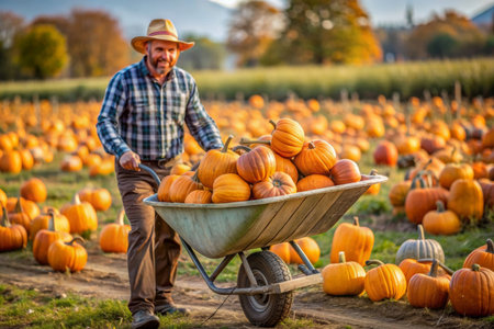 A man farmer is pushing a wheelbarrow with pumpkinsの素材