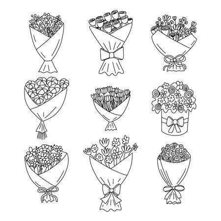 Flowers bouquets hand drawn vector set. Different flower bouquets sketches setのイラスト素材