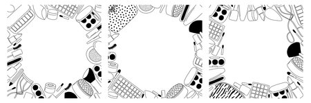 Make up doodle vector frames set. Hand drawn make up beauty products frames setのイラスト素材