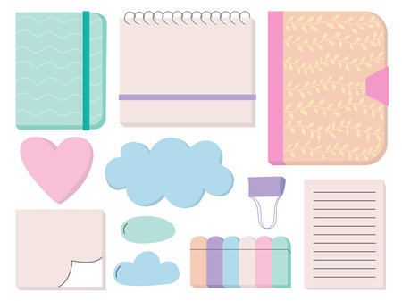 Notebook memo and reminder stickers vector flat set. Flat style sketchbooks and reminder notes setのイラスト素材