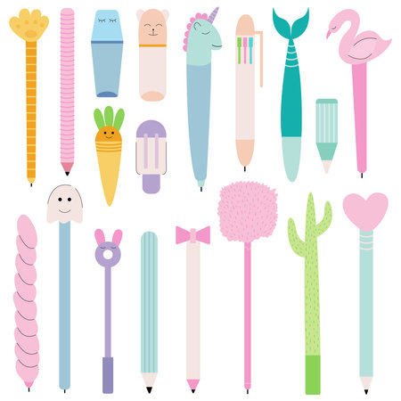 Kawaii pens and pencils flat set. Pens and markers vector big setのイラスト素材