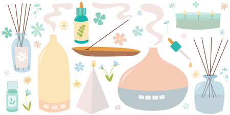 Aroma diffusers vector flat set. Vector aromatherapy set. Aroma essential oil, aroma diffusers, candles, burning incense sticks and flowersのイラスト素材