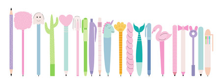 Pencils and pens vector stationery set. Different pens and pencils flat style setのイラスト素材