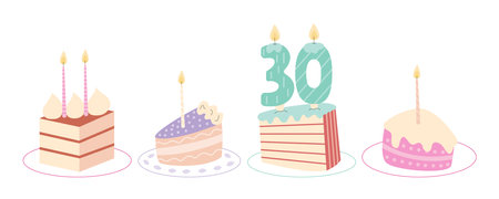 Birthday slices of cakes on plates vector set. Cakes with candles vector flat set