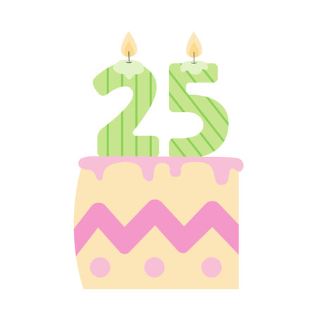 Birthday anniversary slice of cake with twenty five shaped candles isolated on white backgroundのイラスト素材