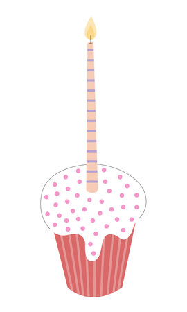 Cupcake with white icing and birthday candle vector flat illustration