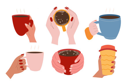 Coffee cups in hands vector flat set. Set of cups with coffee and tea in woman handsのイラスト素材