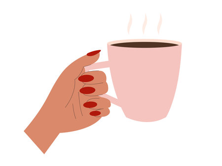 Coffee cup in woman hand with red manicure flat vector illustrationのイラスト素材