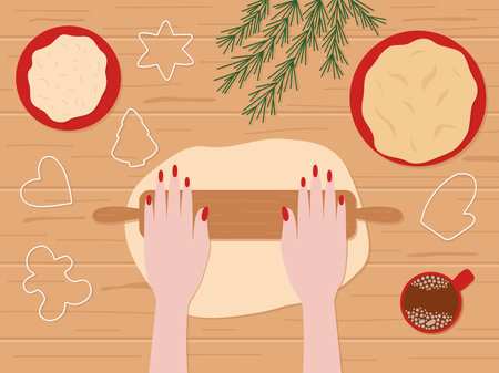 Woman rolls out gingerbread dough top view. Making Christmas gingerbread cookies vector flat top view. Rolling pin and wooden tableのイラスト素材