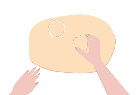 Hands making Christmas cookies with cookie cutter heart and circle shape top view vector illustrationのイラスト素材