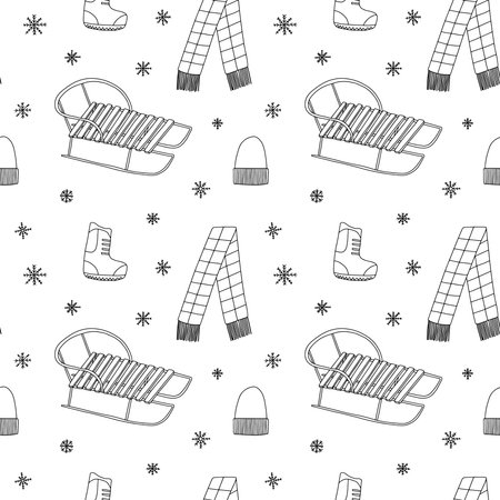Hand drawn sled and winter clothes seamless patternのイラスト素材