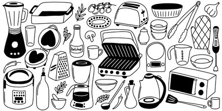 Kitchen appliances and utensils vector doodle set. Cooking elements and dish hand drawn setのイラスト素材