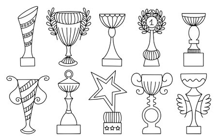 Set of winner's cup in sketch style. Vector kinds of cups line sketch setのイラスト素材