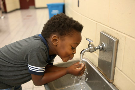 African American child drinks tap waterの素材