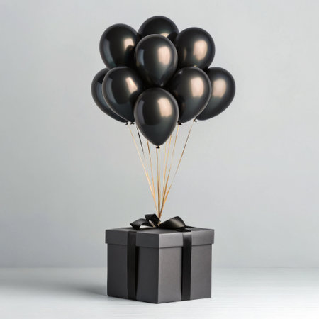 Black balloons tied to a black gift box. Black Fridayの素材
