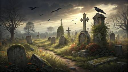 Creepy horror cemetery with old graves. Halloween Backgroundの素材
