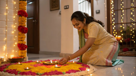 Indian woman lights candles for Diwaliの素材