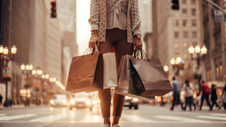 Woman holds shopping bags in her hands against a city streetの素材