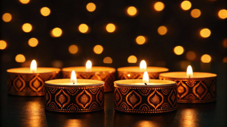 Diwali or Deepavali candles in dark bokeh backgroundの素材
