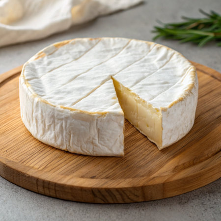 large slice of Brie cheese on a wooden boardの素材