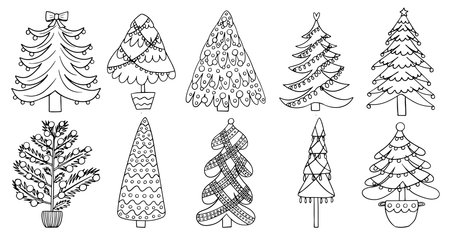 Christmas trees set. Different kinds of decorated Christmas trees vector sketch setのイラスト素材