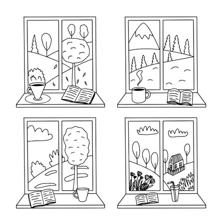 Set of hand drawn four windows with seasonal weather. Vector windows with Spring, Summer, Autumn, Winter landscapeのイラスト素材