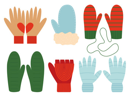 Knitted gloves and mittens set. Flat vector winter gloves and mittens setのイラスト素材